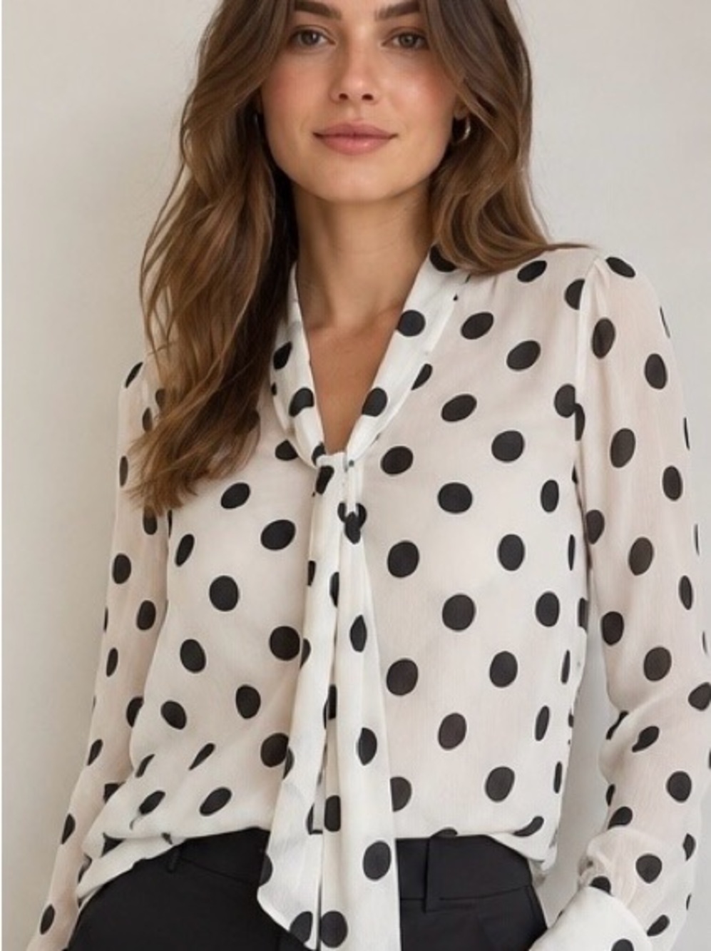 Joie White Black Polka Dot Tie Neck Blouse M